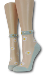 White Sunflower Green Sheer Socks with beads