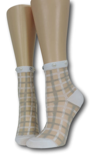 White Vintage Sheer Socks with beads