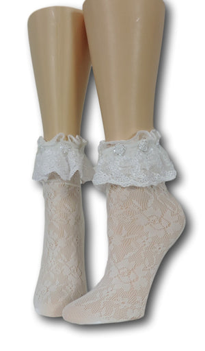 White Floral Frilly Socks with beads