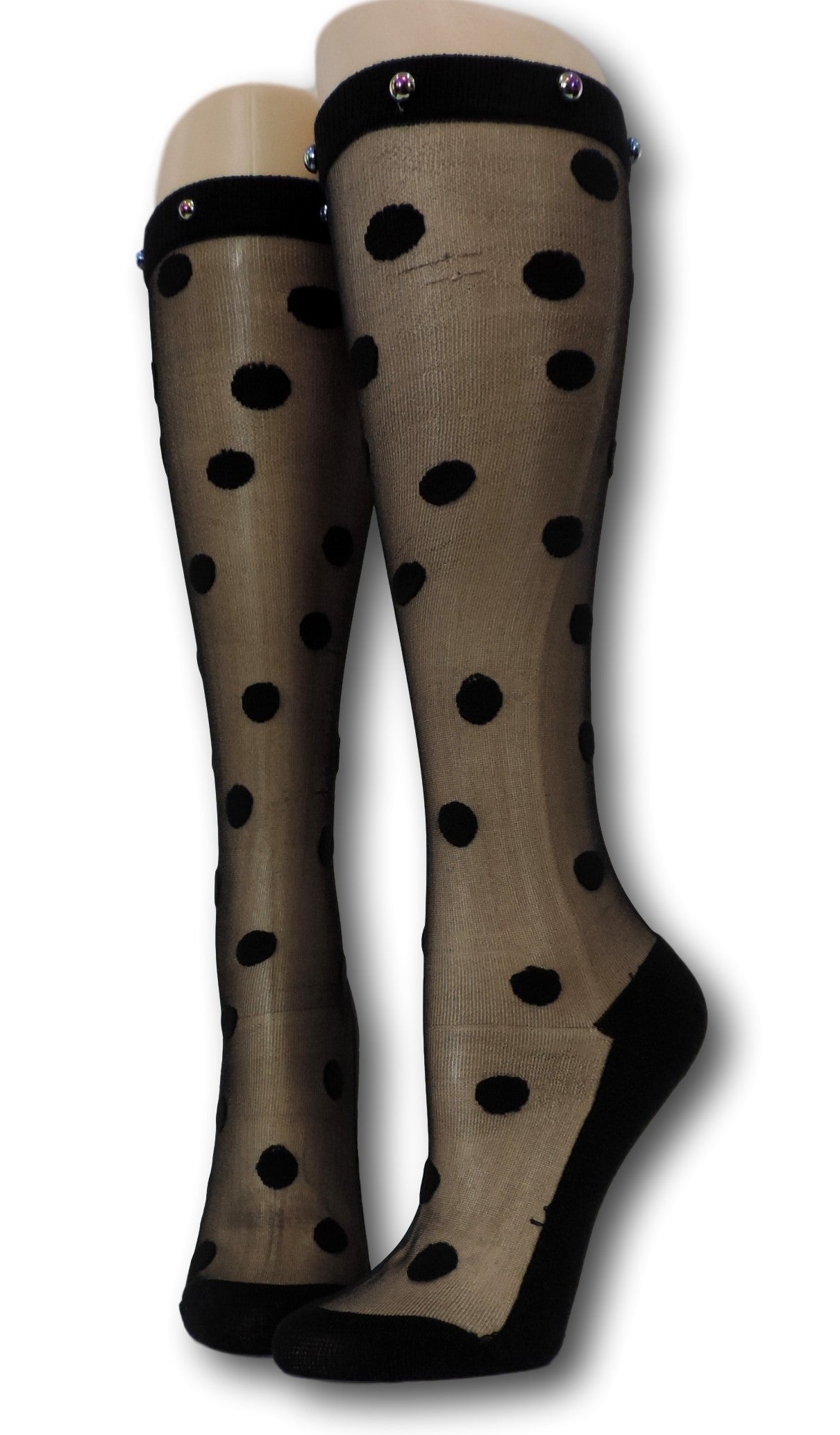 Charcoal Polka Knee High Sheer Socks with beads