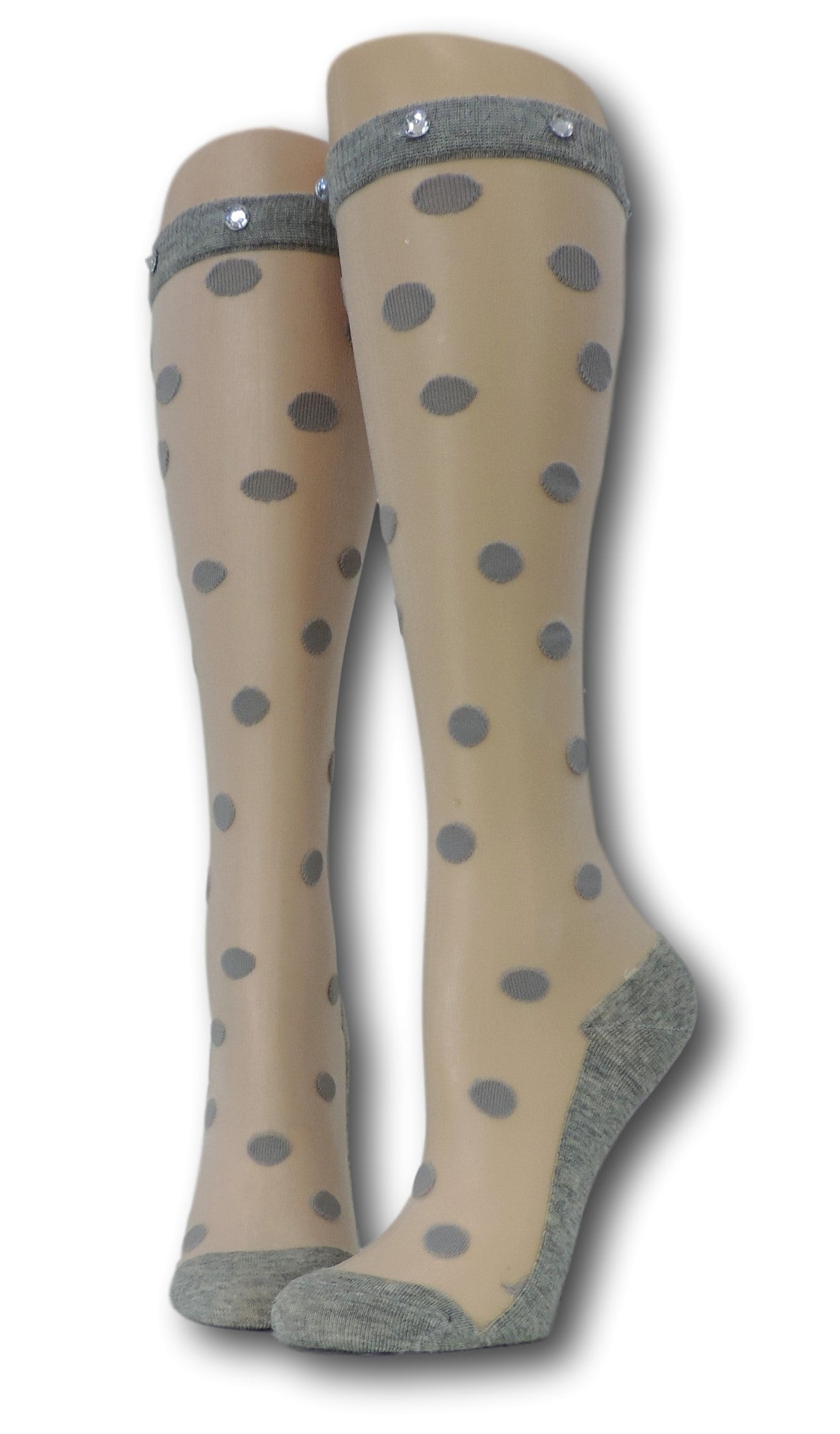 Grey Polka Knee High Sheer Socks with beads