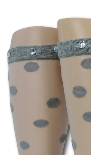 Grey Polka Knee High Sheer Socks with beads