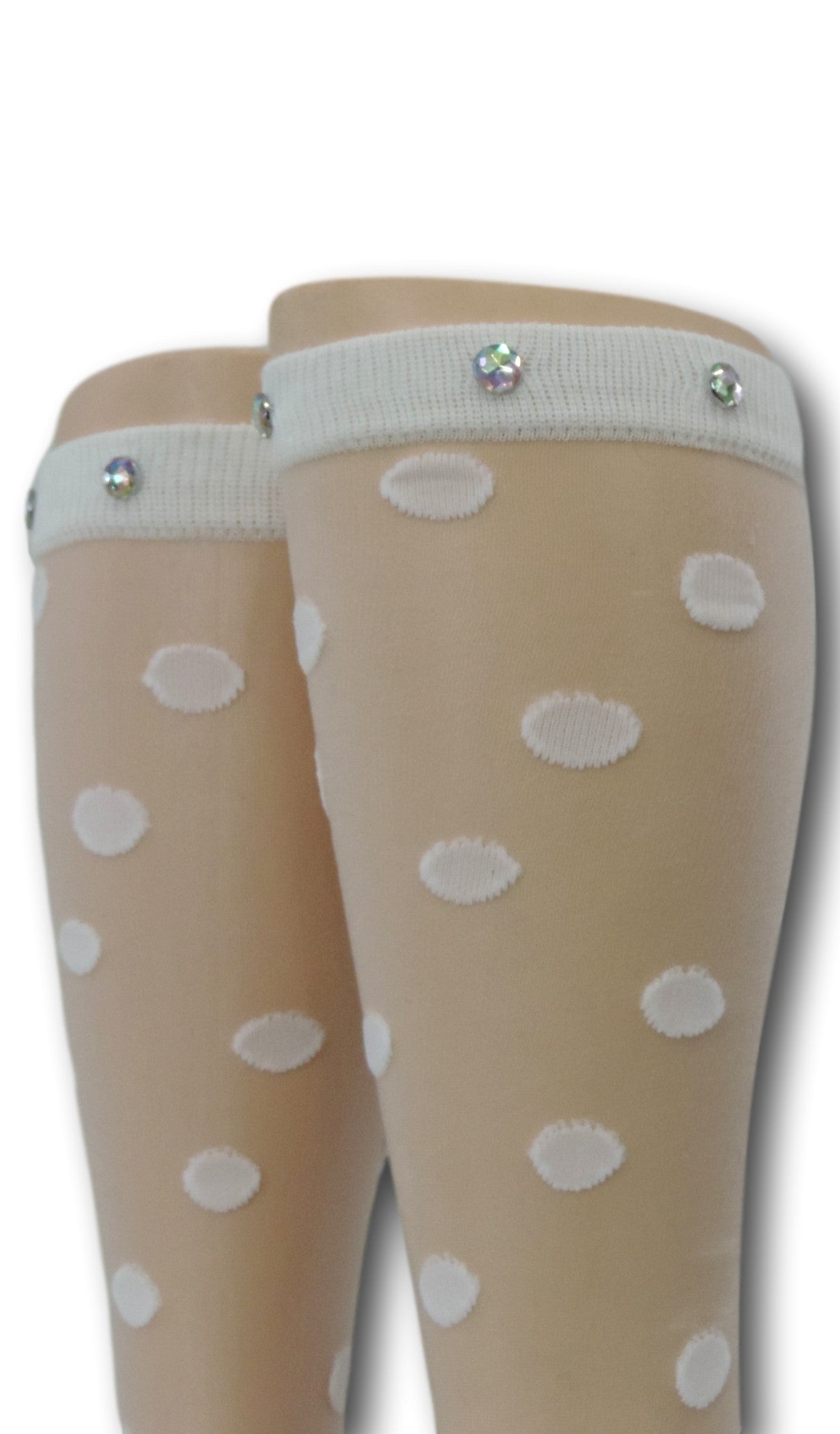 White Polka Knee High Sheer Socks with beads