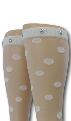 White Polka Knee High Sheer Socks with beads