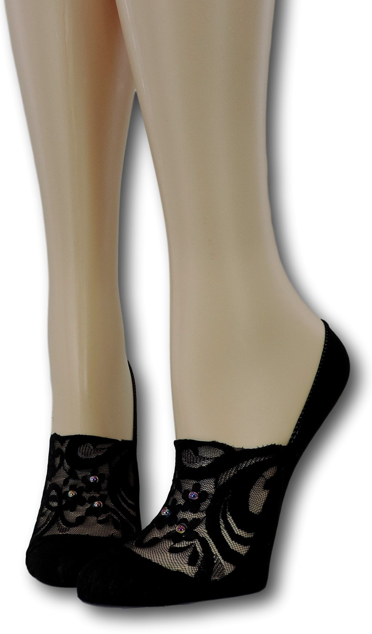 Exotic Black No Show Sheer Socks with beads