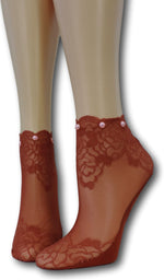 Red Rose Ankle Sheer Socks with beads