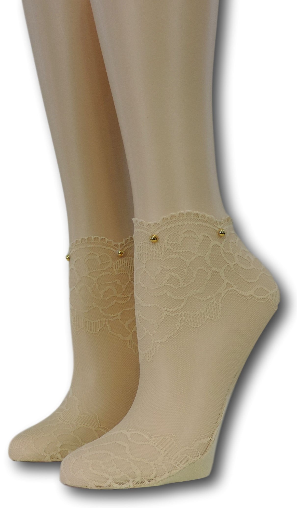 Beige Rose Ankle Sheer Socks with beads