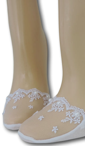 Fancy White No Show Sheer Socks with beads