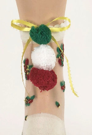 Red/Green Pompom Sheer Socks - Global Trendz Fashion®