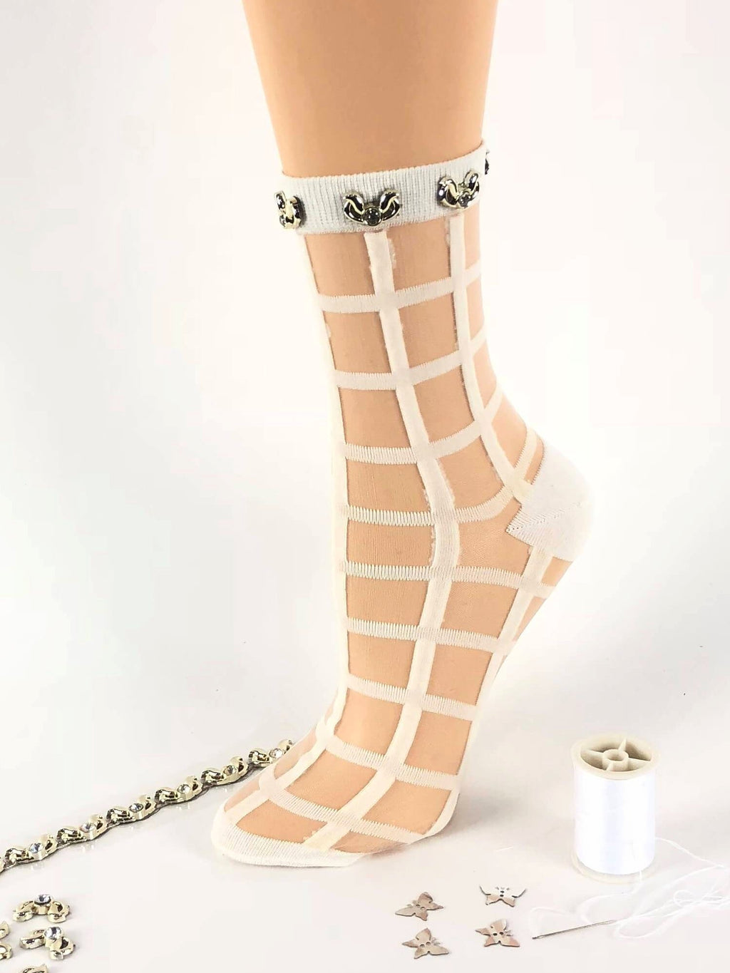 White Square Pattrened Sheer Socks - Global Trendz Fashion®