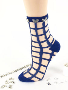 Blue Square Patterned Sheer Socks - Global Trendz Fashion®