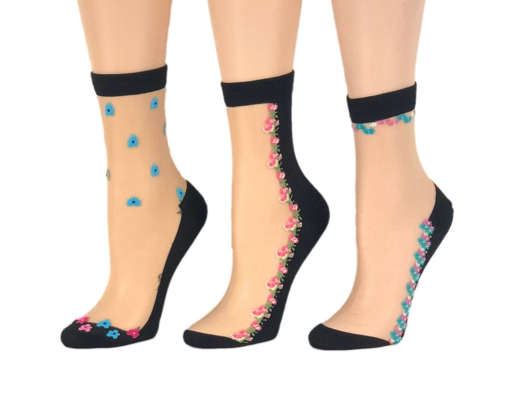 Various Designed Flower Sheer Socks (Pack of 3 Pairs) - Global Trendz Fashion®