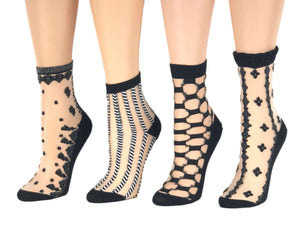 Various Black Designed Sheer Socks (Pack of 4 Pairs) - Global Trendz Fashion®