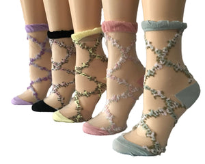 Crisscross/Flowers Patterned Sheer Socks (Pack of 5 Pairs) - Global Trendz Fashion®