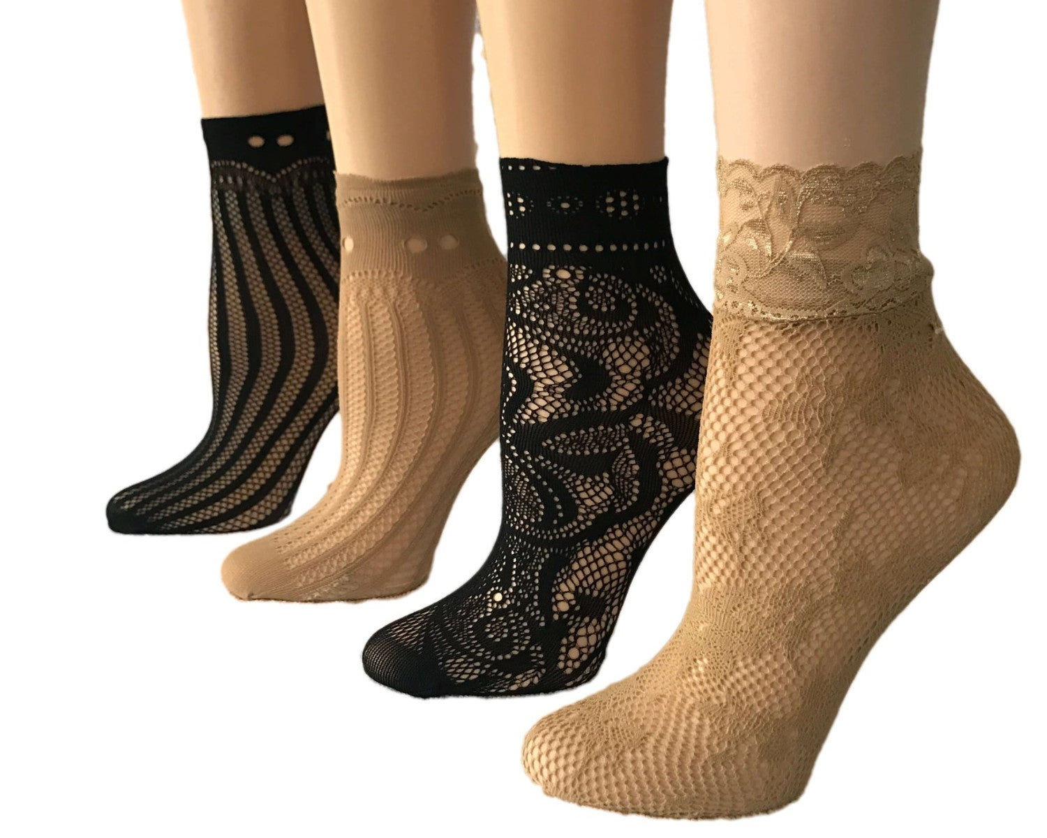 Cream Skin/Black Patterned Sheer Socks(Pack of 4 Pairs) - Global Trendz Fashion®