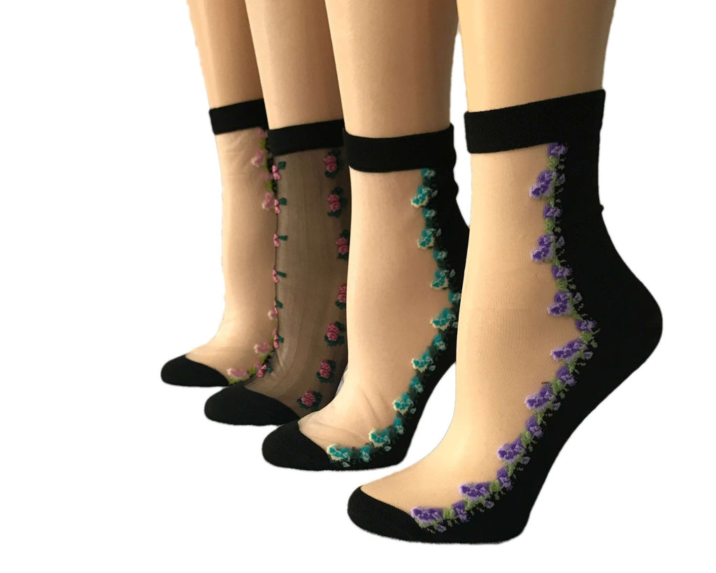 Beautiful Mini Edge Flowers Sheer Socks (Pack of 4 Pairs) - Global Trendz Fashion®