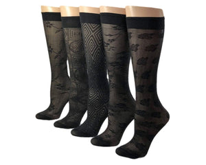 Black Diverse Patterned Sheer Socks (Pack of 5 Pairs) - Global Trendz Fashion®