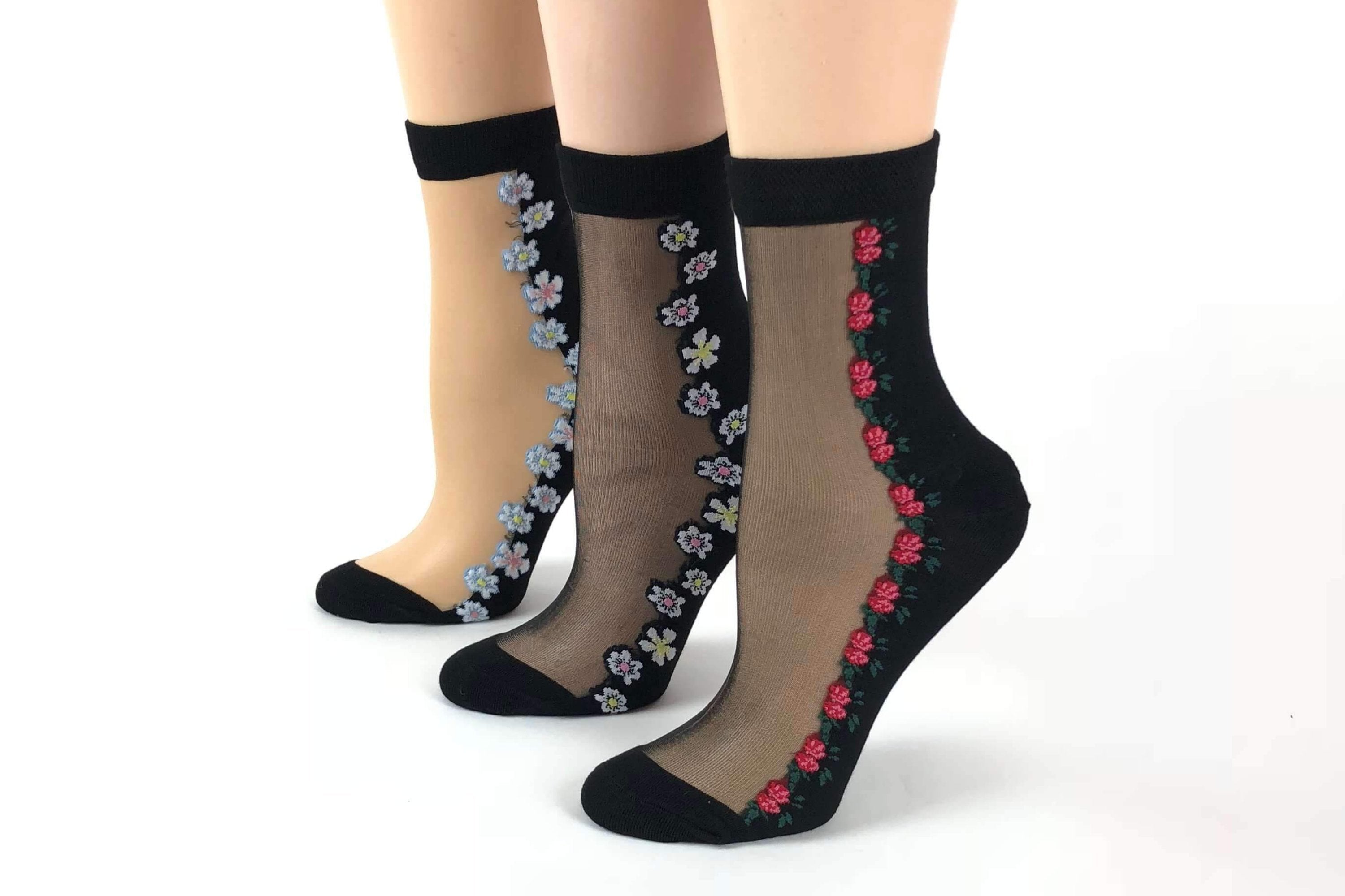 Dazzling Designed Flowers Sheer Socks (Pack of 3 Pairs) - Global Trendz Fashion®