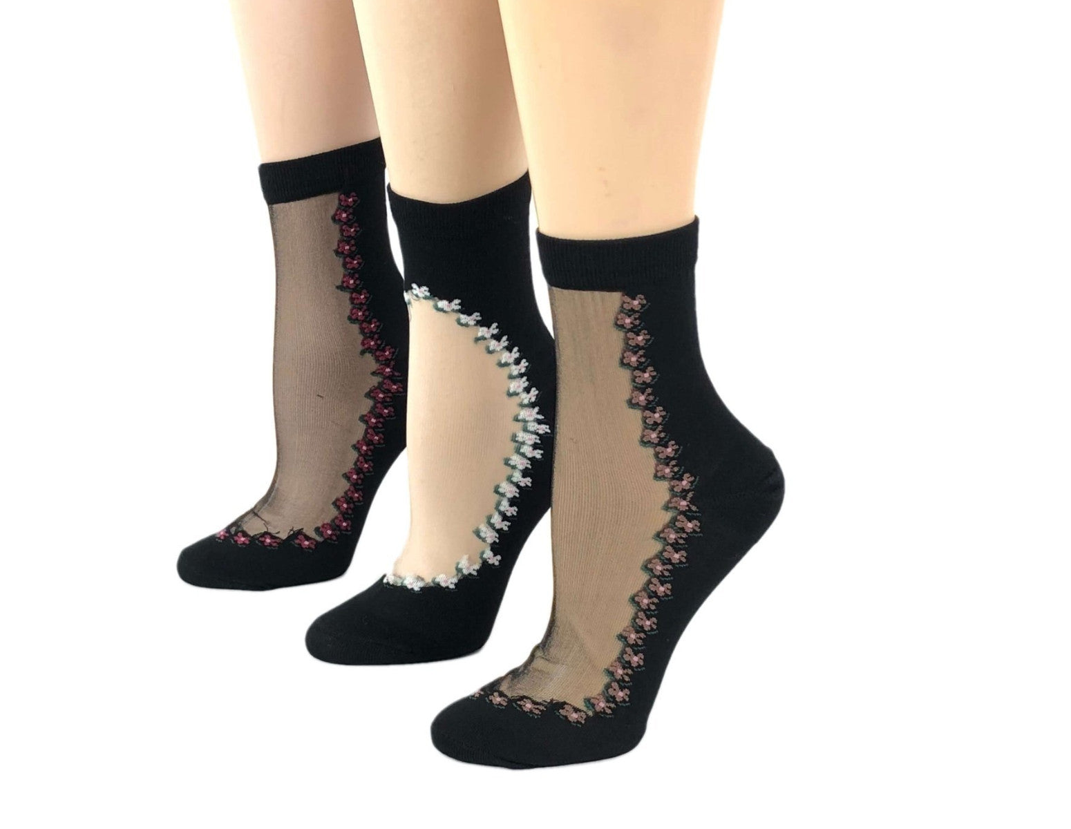 Pretty Stripped Flowers Sheer Socks (Pack of 3 Pairs) - Global Trendz Fashion®