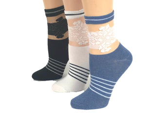 Elegant Stripped Flowers Sheer Socks (Pack of 3 Pairs) - Global Trendz Fashion®