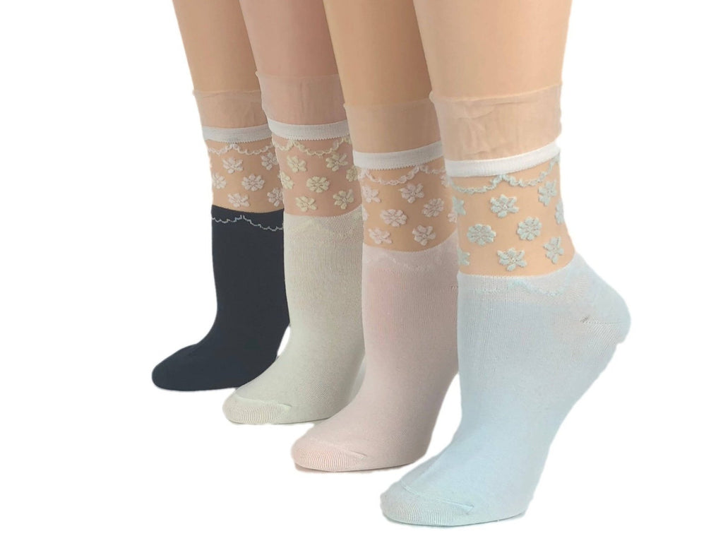 Stylish Flowers Sheer Socks (Pack of 4 Pairs) - Global Trendz Fashion®