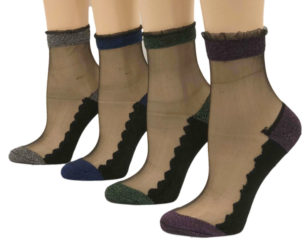 Glittery Edge Patterned Sheer Socks (Pack of 4 Pairs) - Global Trendz Fashion®