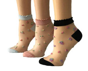 Delicate Mini Flowers Sheer Socks (Pack of 3 Pairs) - Global Trendz Fashion®