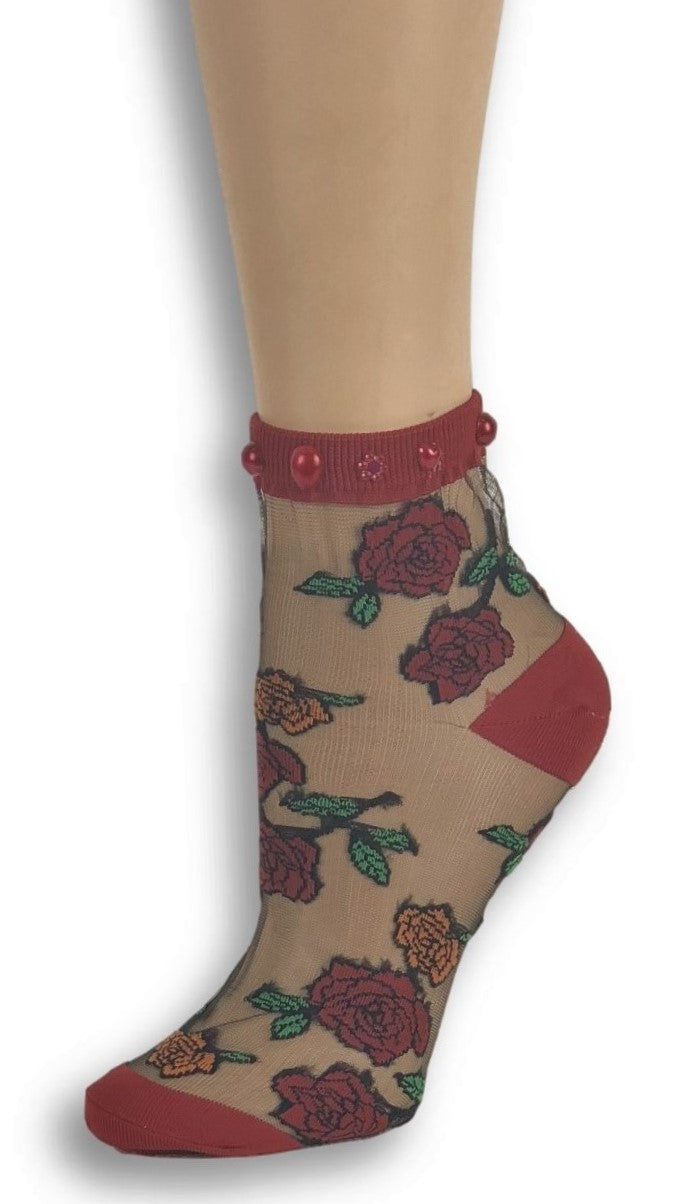 Sharp Red Roses Custom Sheer Socks with beads - Global Trendz Fashion®