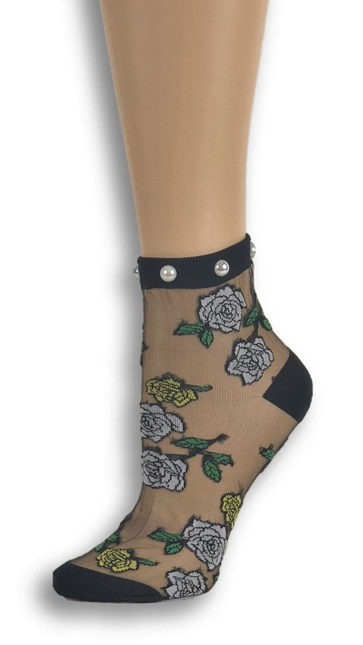 Sharp White Roses Custom Sheer Socks with beads - Global Trendz Fashion®