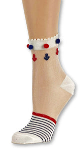 Red Blue Striped Custom Sheer Socks with pompom - Global Trendz Fashion®