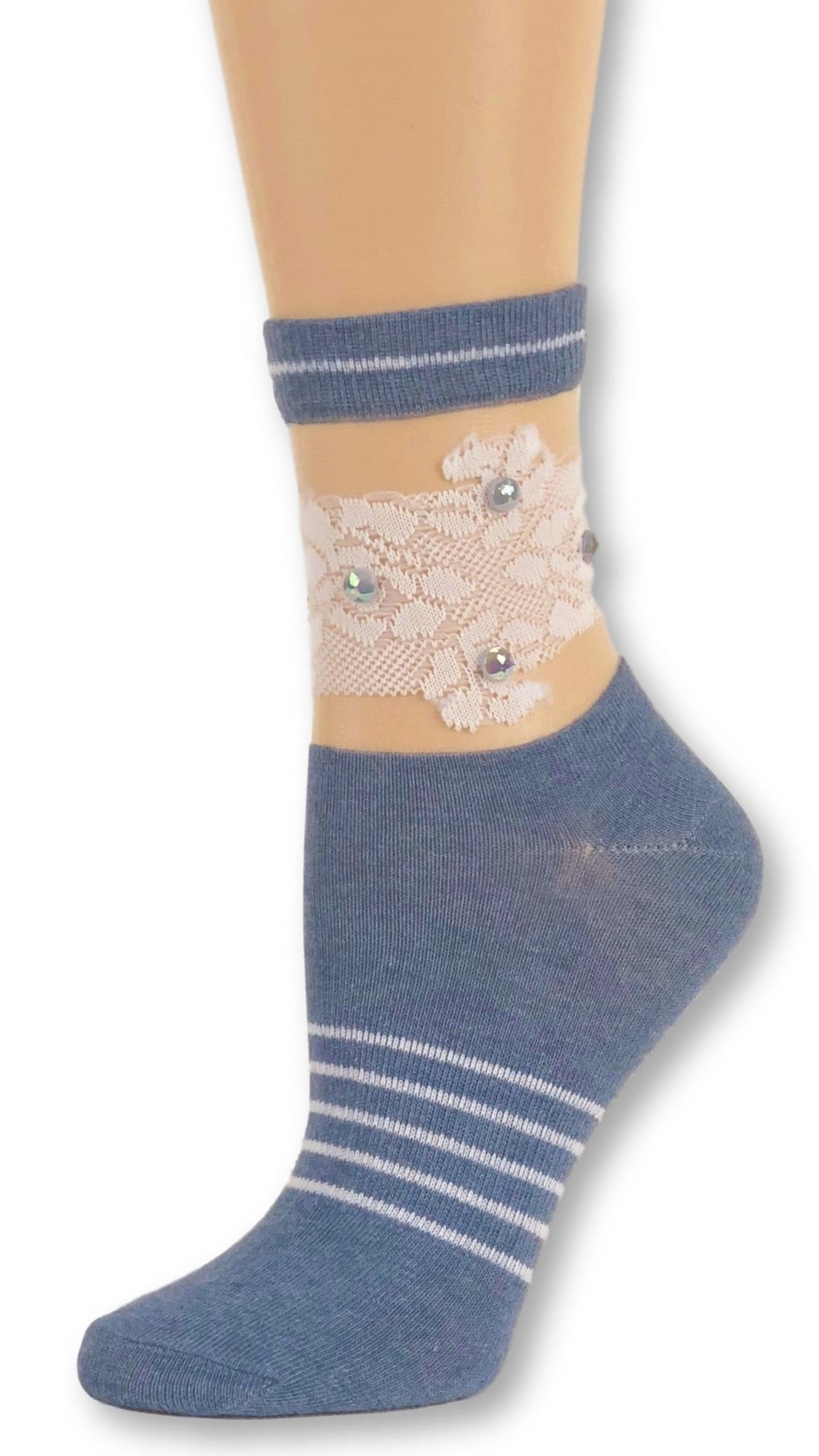 White Rose Blue Custom Sheer Socks with beads - Global Trendz Fashion®