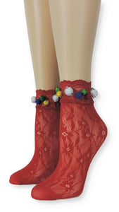 Floral red Lace Socks with Pompom - Global Trendz Fashion®
