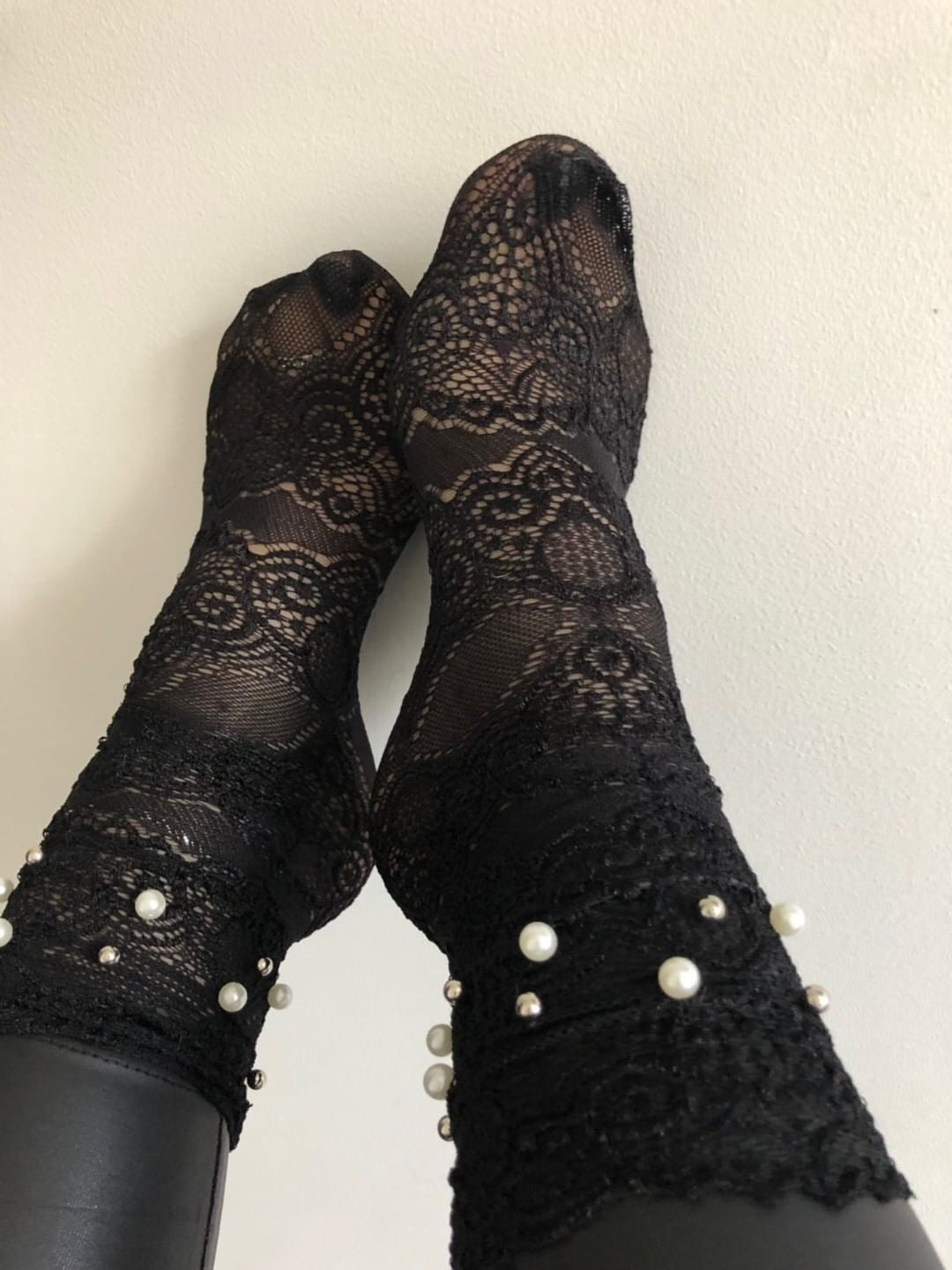 Grace Black Mesh Socks with Pearls