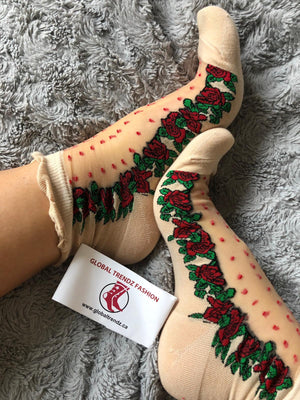 Red Flowers Sheer Socks - Global Trendz Fashion®