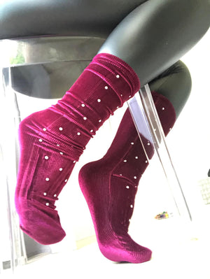Ribbed Maroon Velvet Socks with Beads - Global Trendz Fashion®